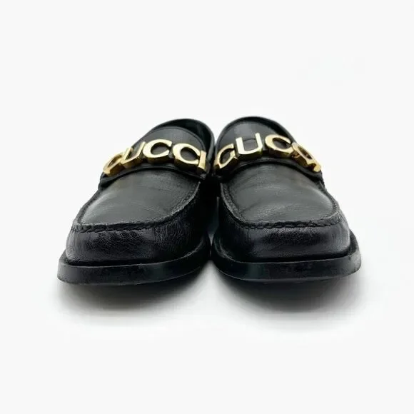 GUCCI Cara Signature Letters Logo Black Loafers Size 37.5 Leather Flat Shoes - Picture 6 of 14
